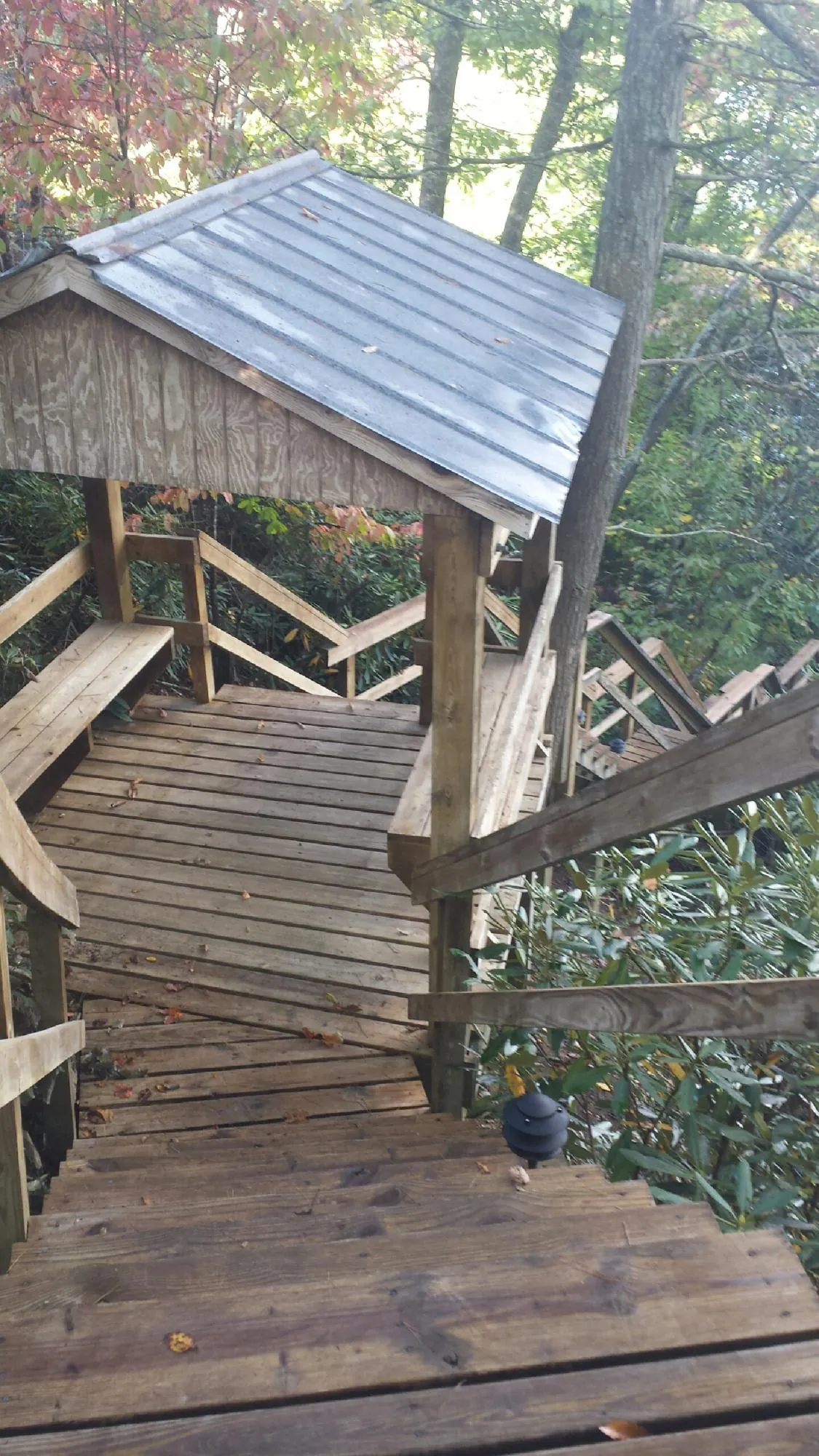 Metal roofed shelter over wooden steps on a wooded walkway — Skylight Repair & Installation work by our crew in Roberta